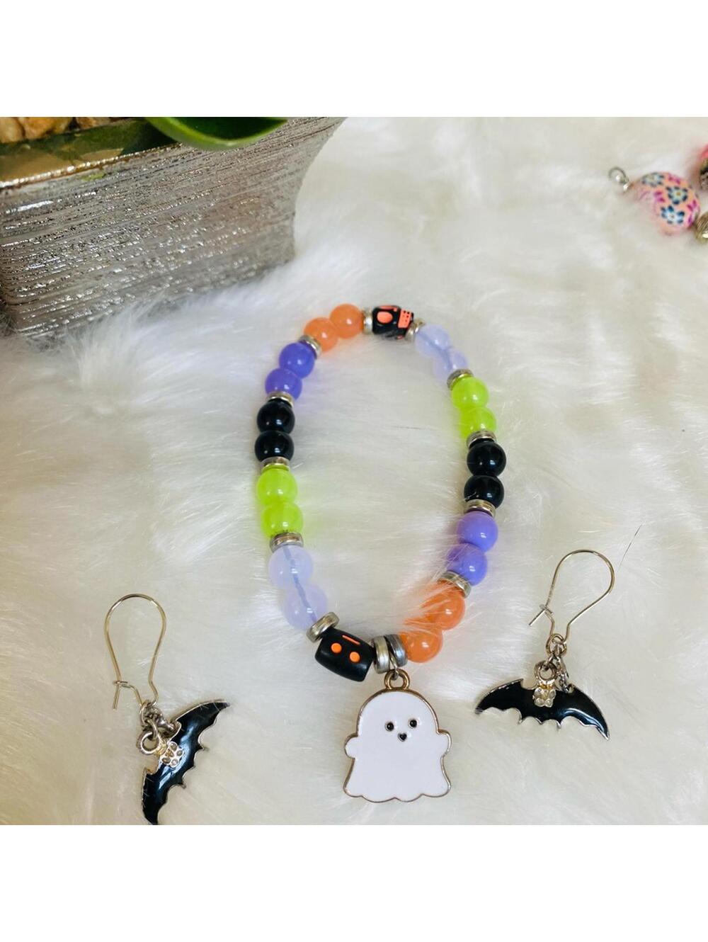 Halloween Ghost Charm Bracelet Bat Earrings Jewelry Set